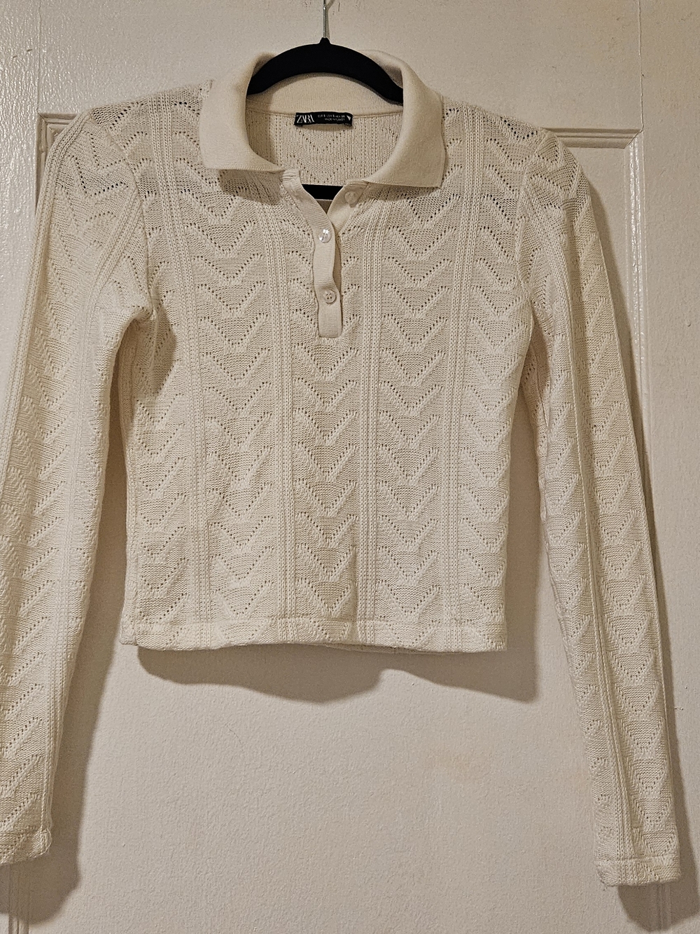 Zara Ivory Open-Knit Polo Sweater